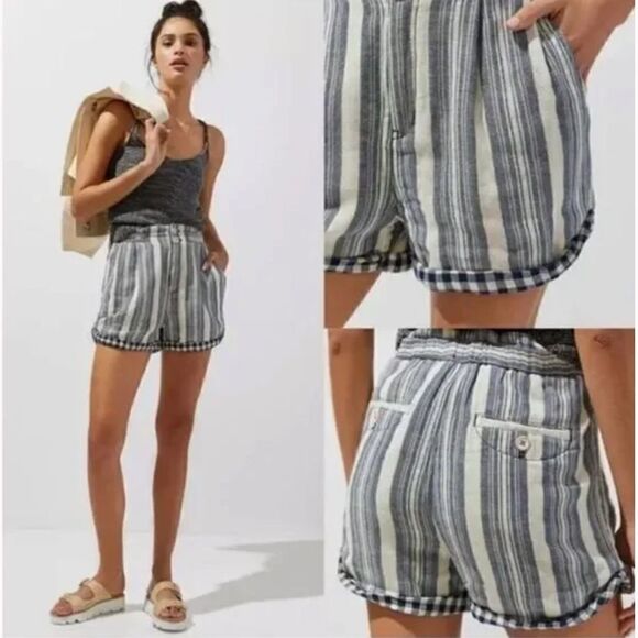 Anthro Pilcro Everyday Stripe Blue Contrast Plaid Paper Bag High Waist Shorts - Picture 1 of 16